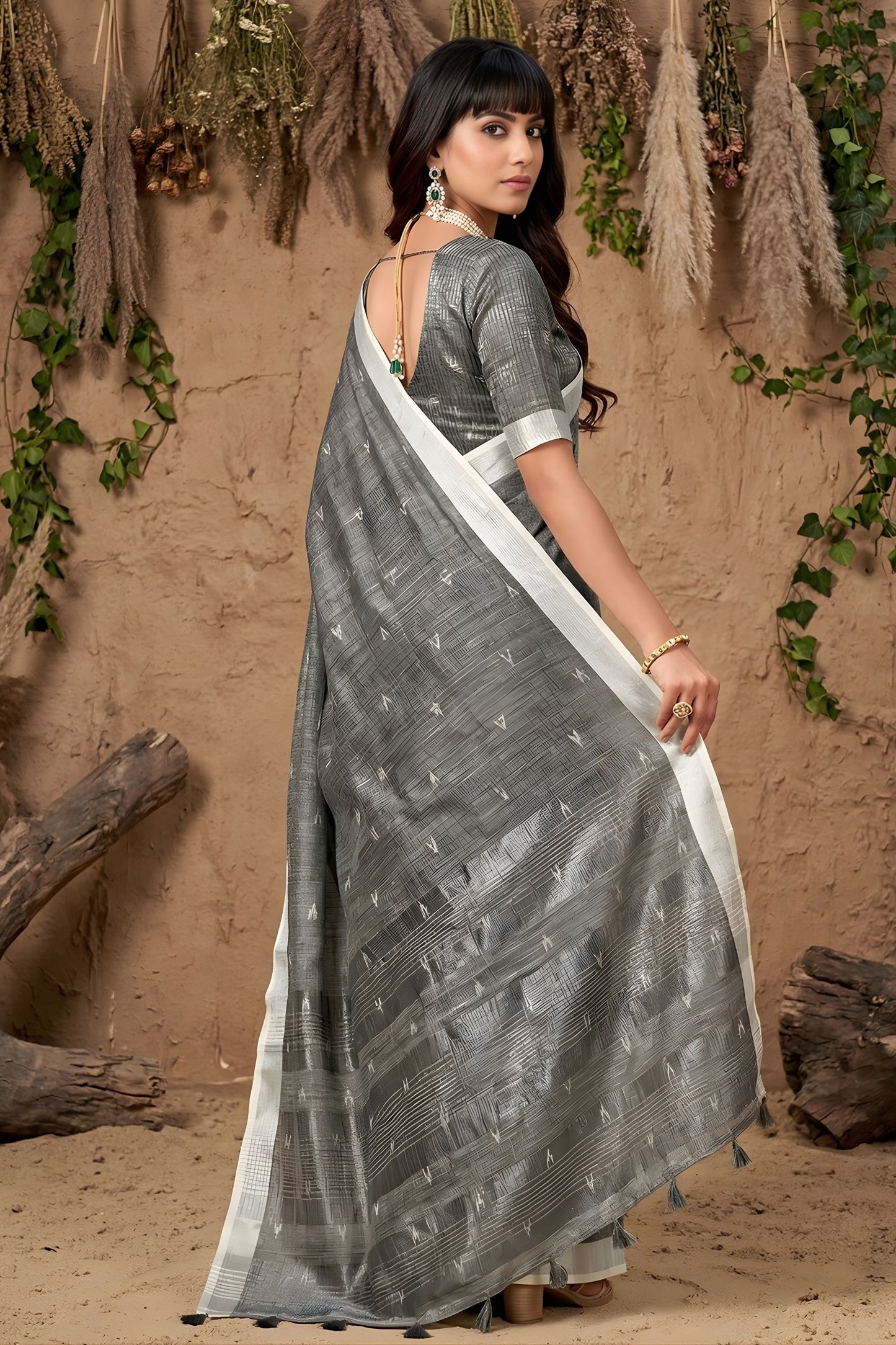 Grey Cotton Linen Saree with Woven Motifs Silver Zari Border