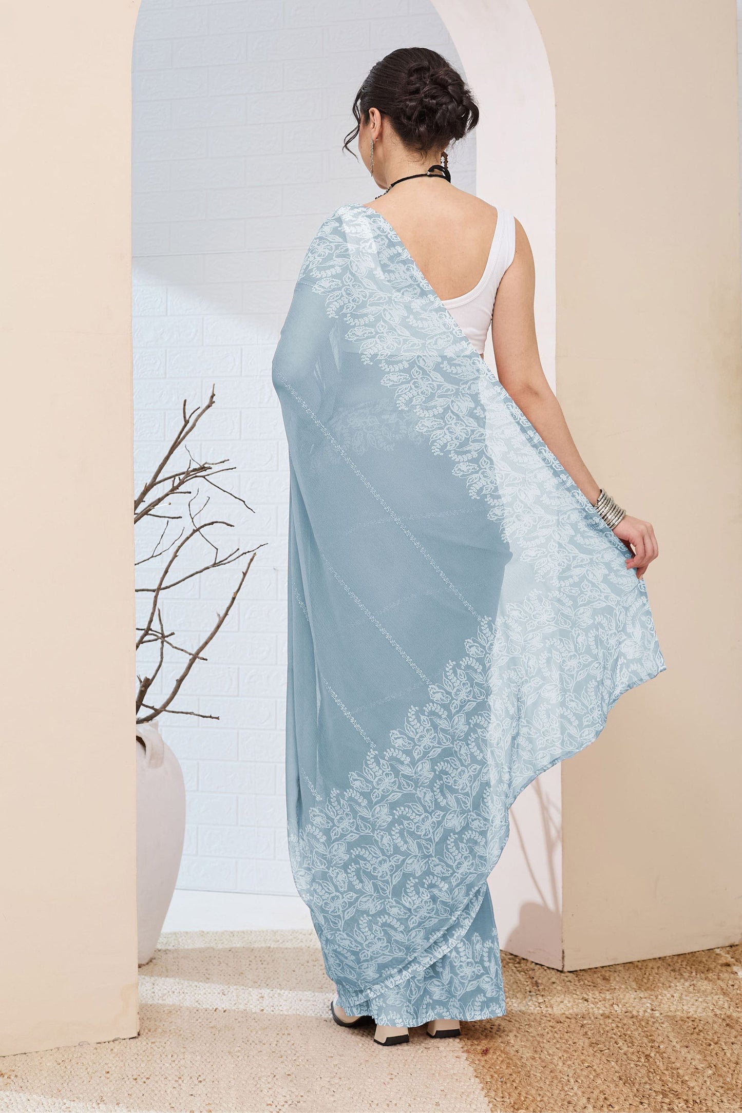 Elegant Pastel Blue Floral Printed Saree Party Wear Saree
