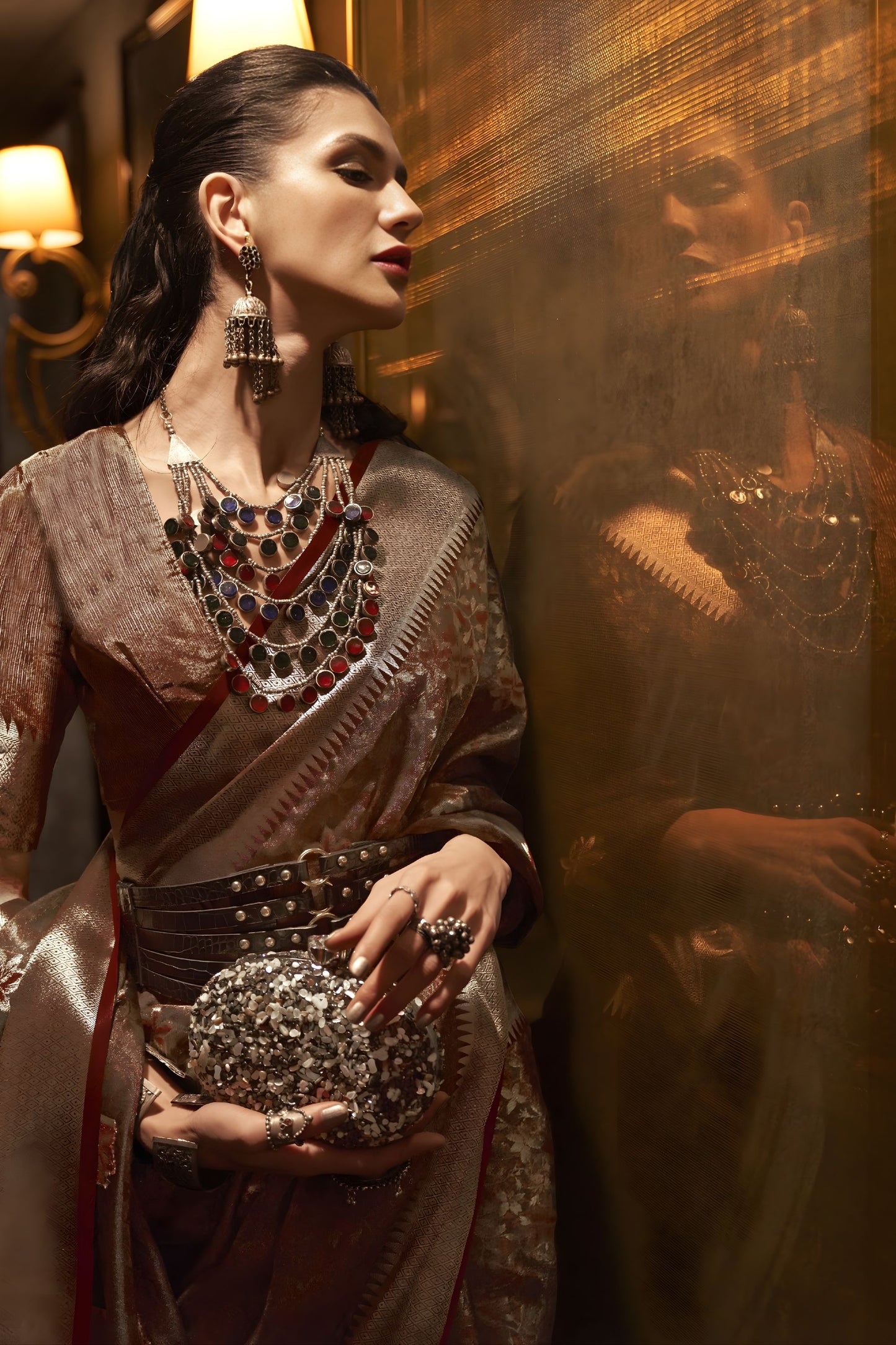 Wine Brown Banarasi Silk Saree with Rich Silver Zari Weaving Designer Border