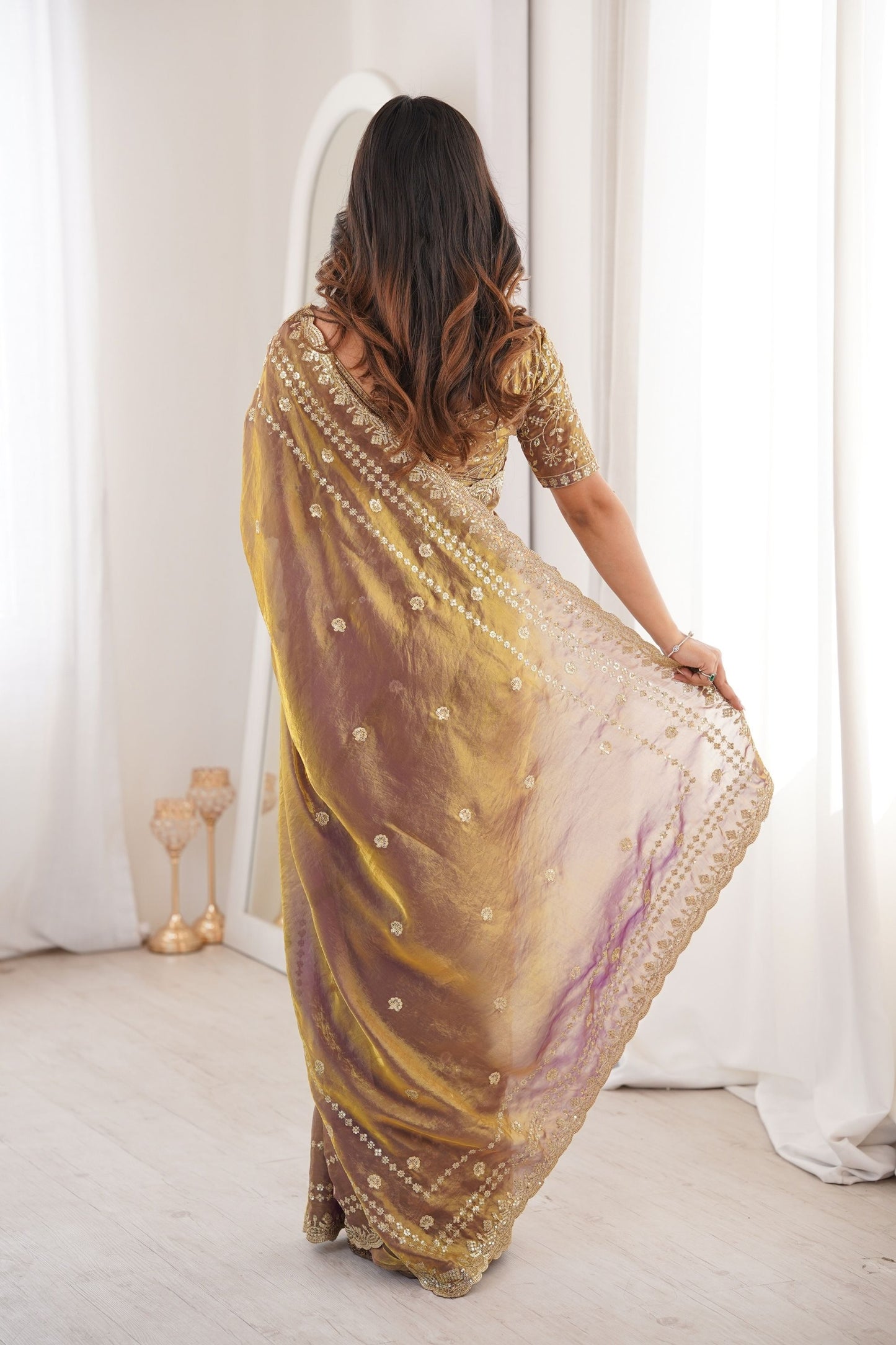 Copper Brown Organza Silk Saree Golden Thread Embroidery Designer Blouse