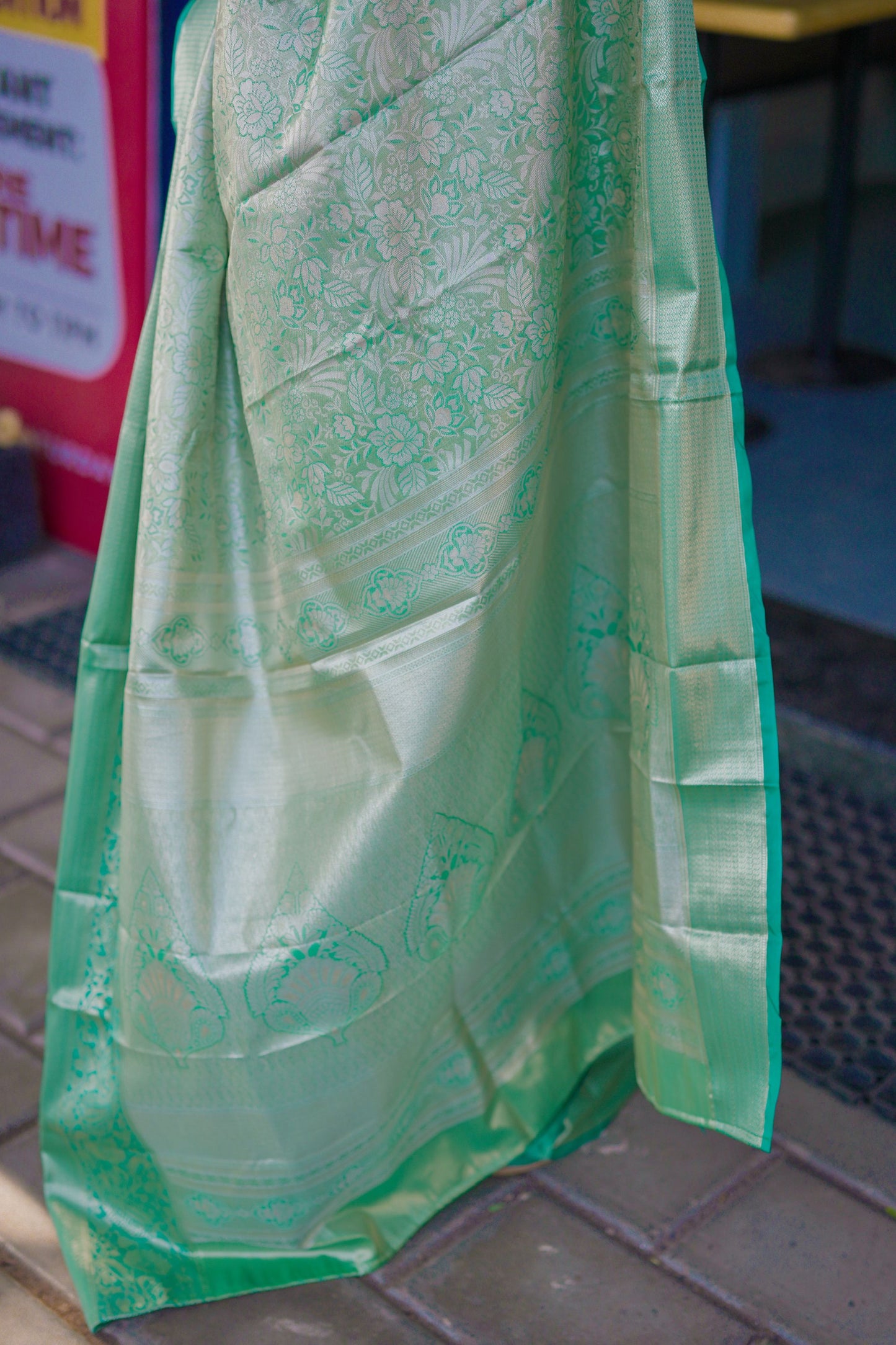 Mint Green Banarasi Silk Saree Floral Zari Weaving Woven Border