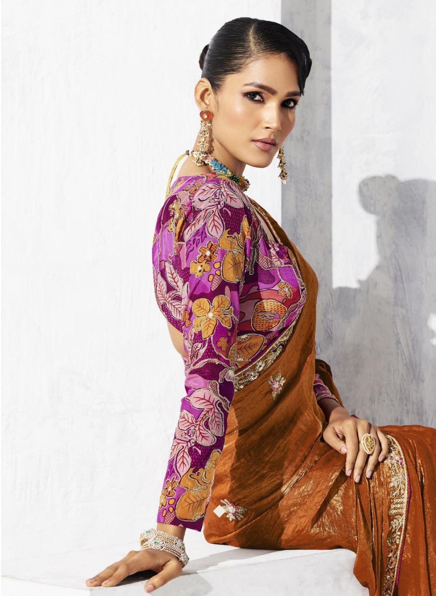 Rust Orange Silk Saree with Golden Pink Designer Blouse