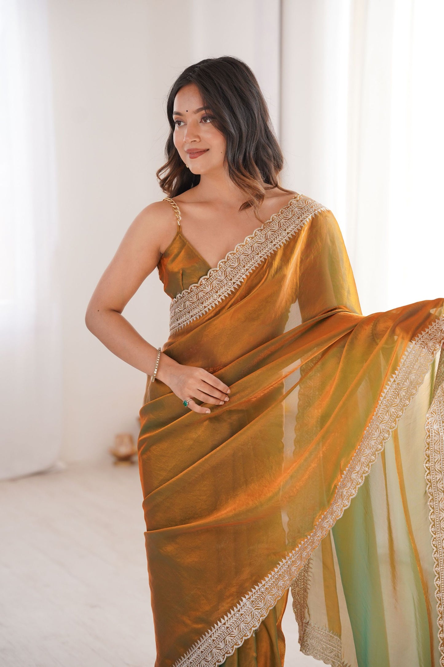 Olive Green Copper Organza Saree Designer Embroidered Border