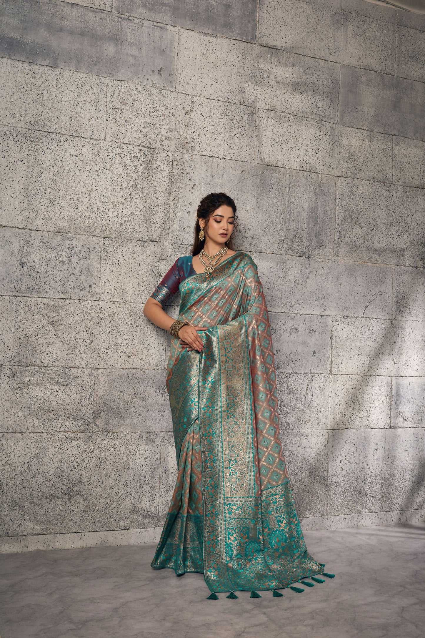 Royal Teal Blue Banarasi Silk Saree Meenakari Zari Woven for Women