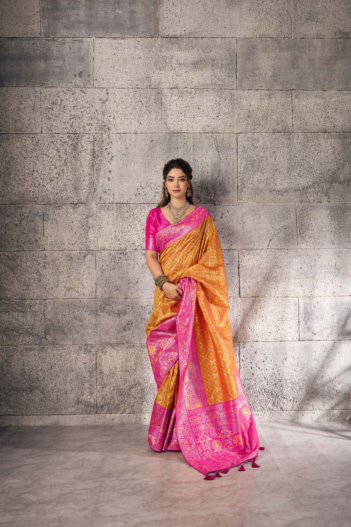 Stylish Mustard Yellow Banarasi Silk Saree Meenakari Zari Woven for Women