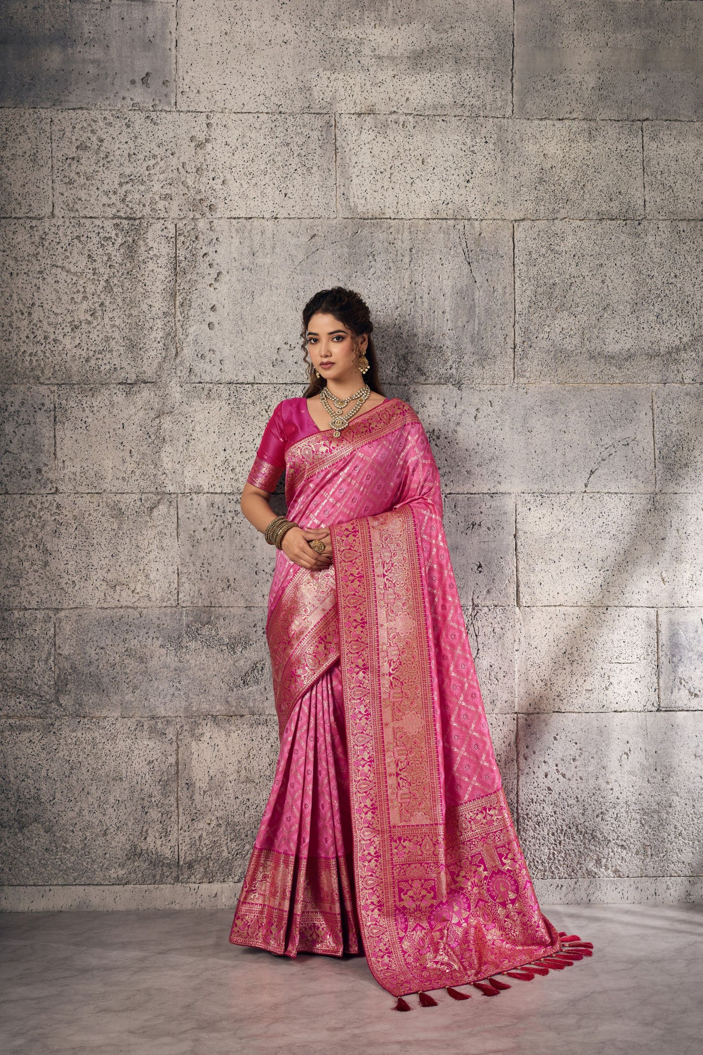 Premium Pink Banarasi Silk Saree Meenakari Zari Woven Border for Women