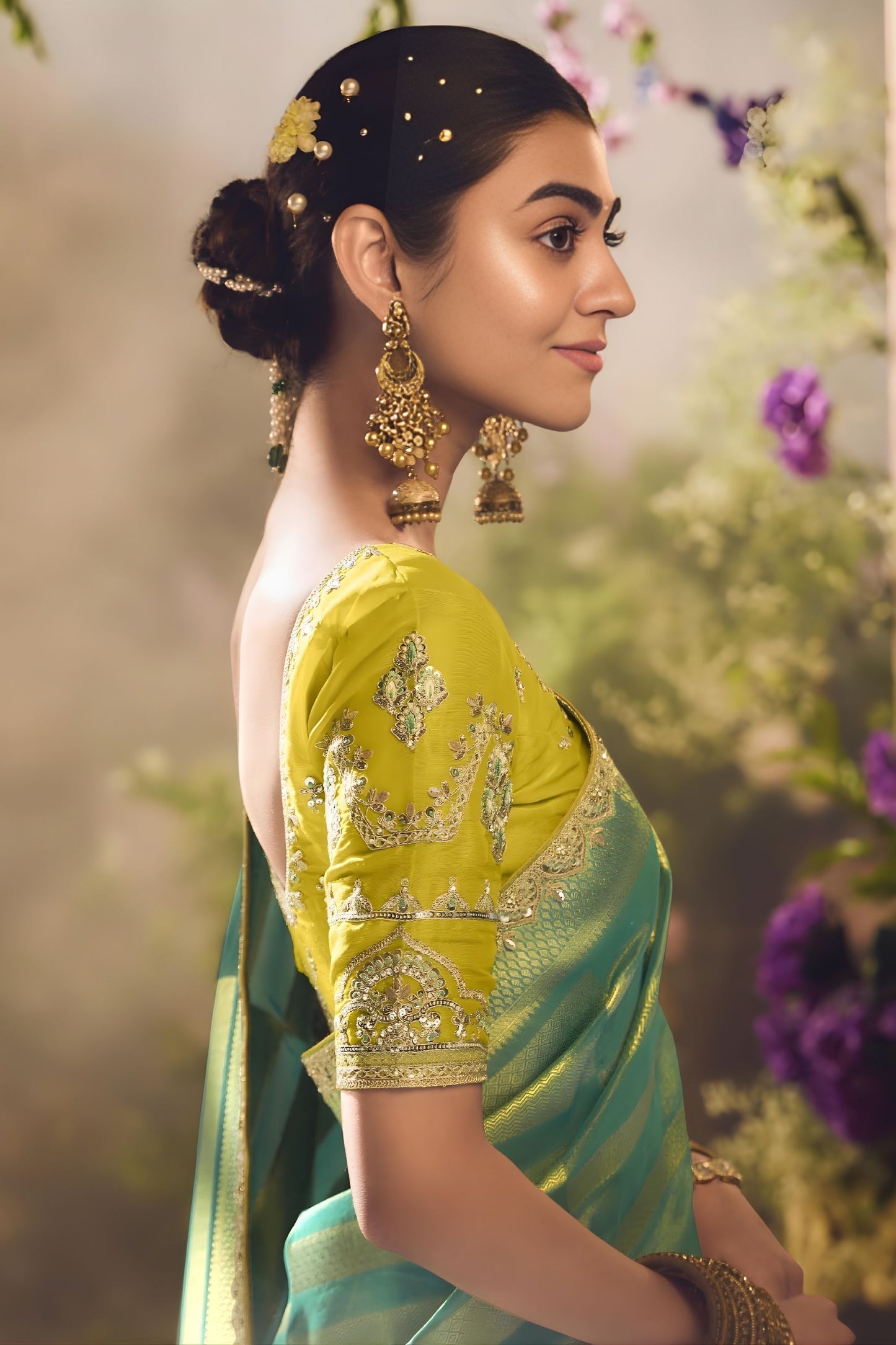 Sea Green Soft Silk Saree with Gold Zari Stripes Designer Blouse