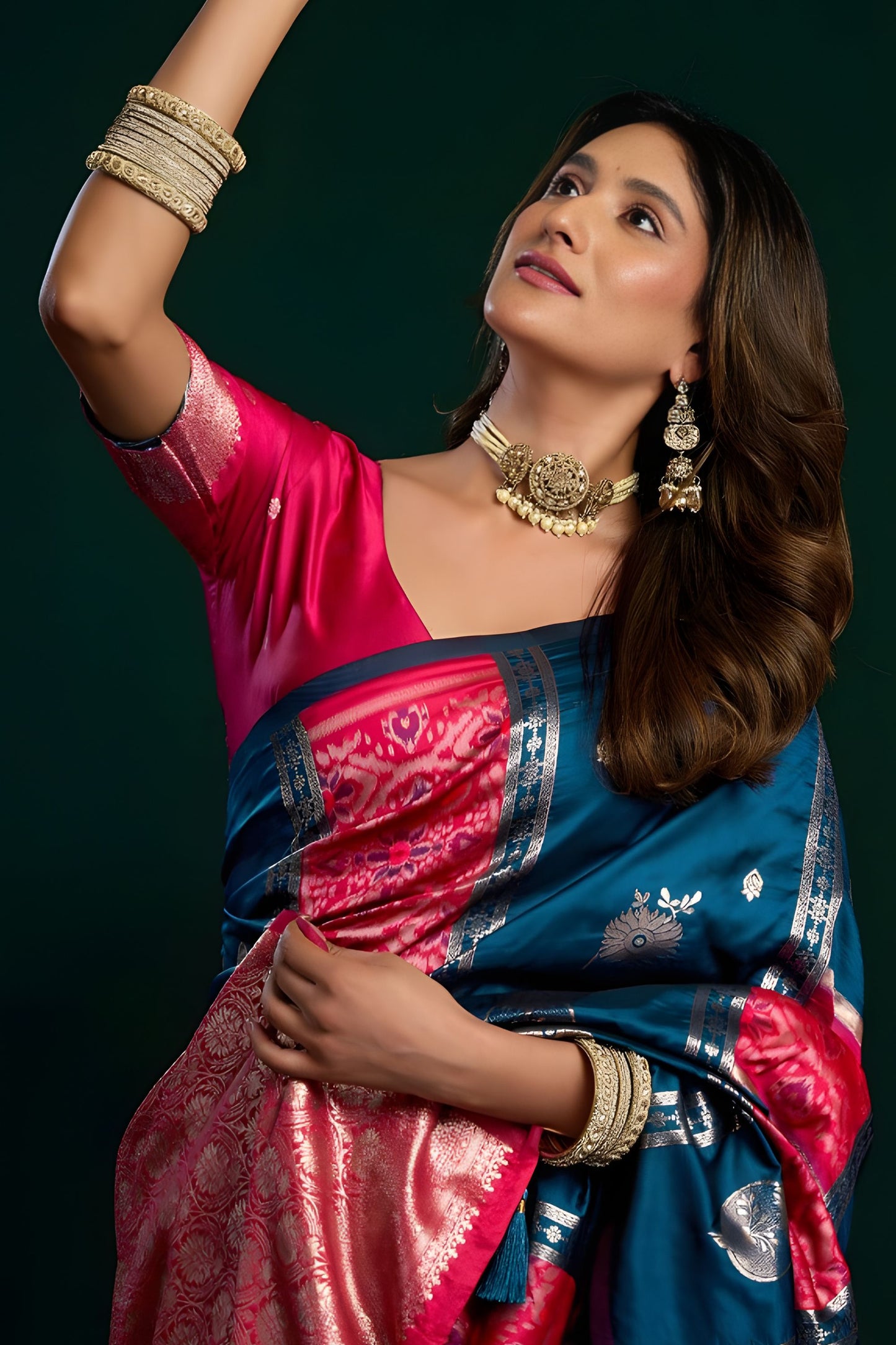 Teal Blue Soft Silk Saree with Pink Contrast Border