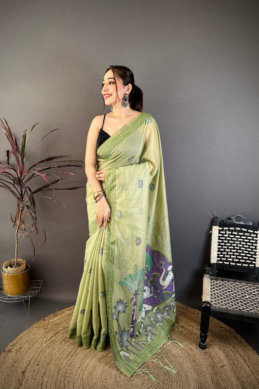 Pistachio Green Linen Cotton Saree Artistic Elephant Print Pallu