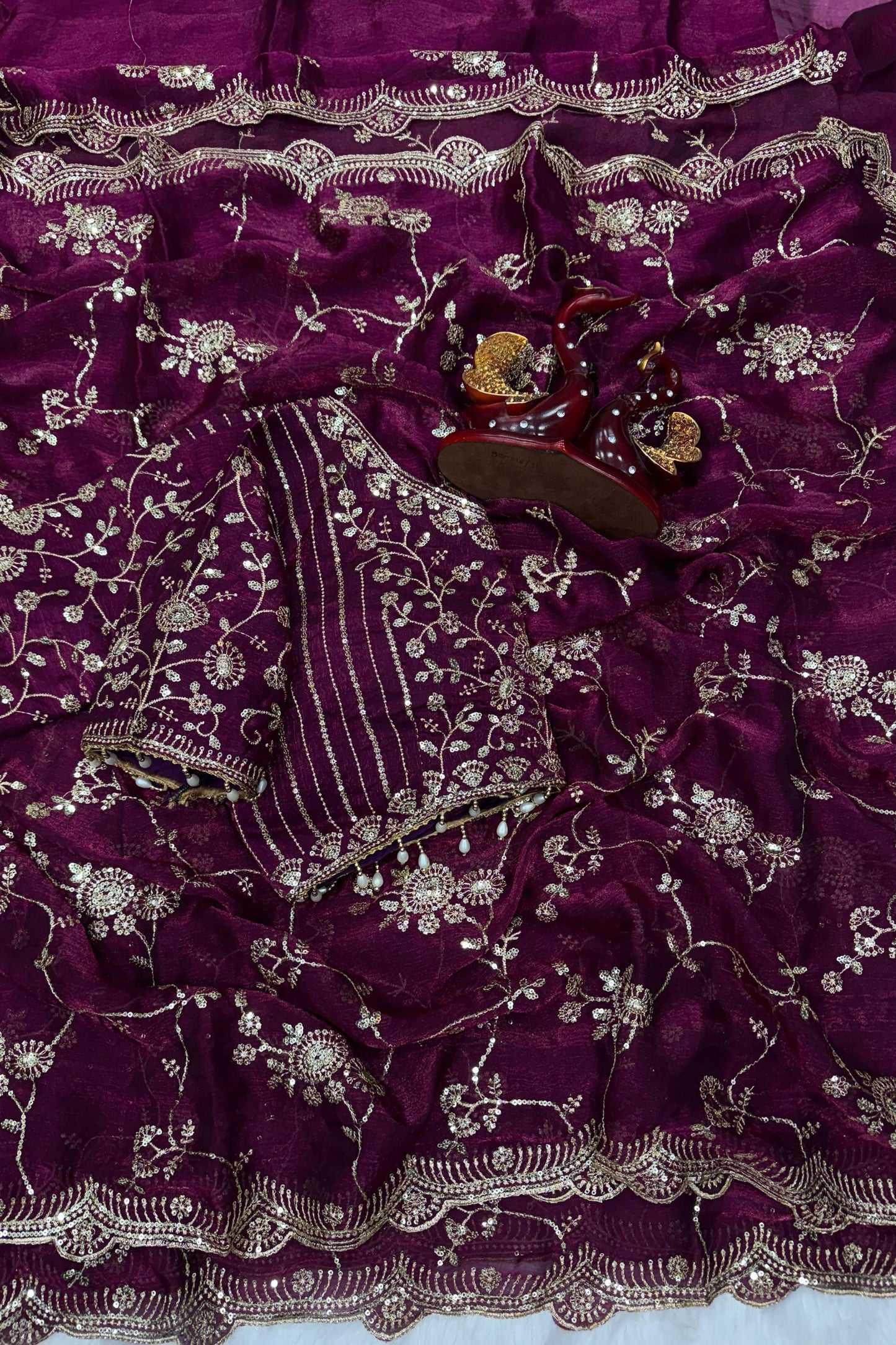 Rani Pink Organza Saree Heavy Sequins Embroidery Designer Blouse