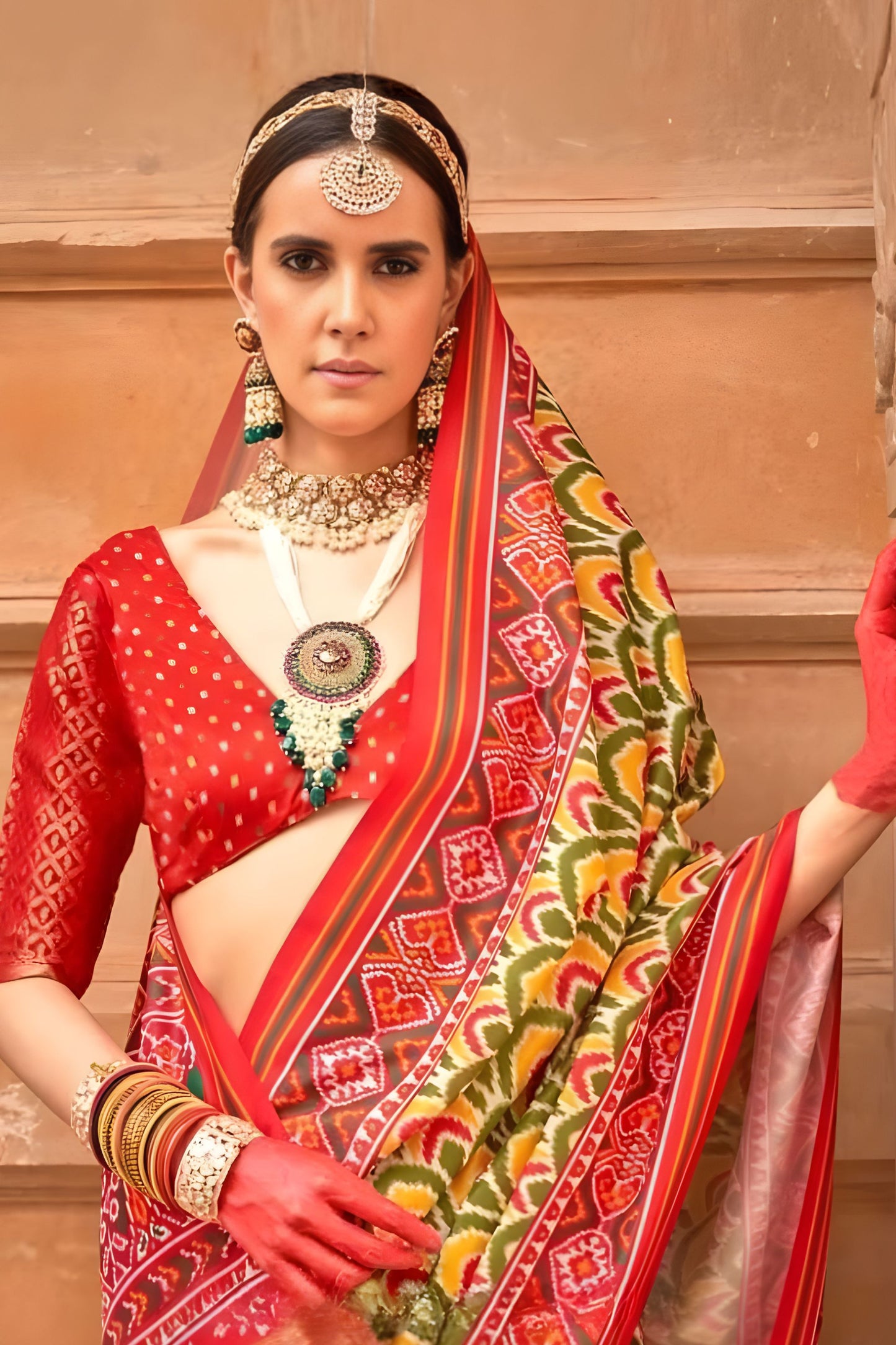 Mustard Yellow and Red Patola Print Silk Saree