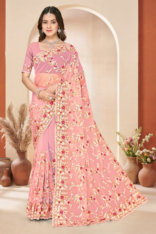 Designer Dusty Pink Net Floral Embroidered Saree Heavy Border Blouse