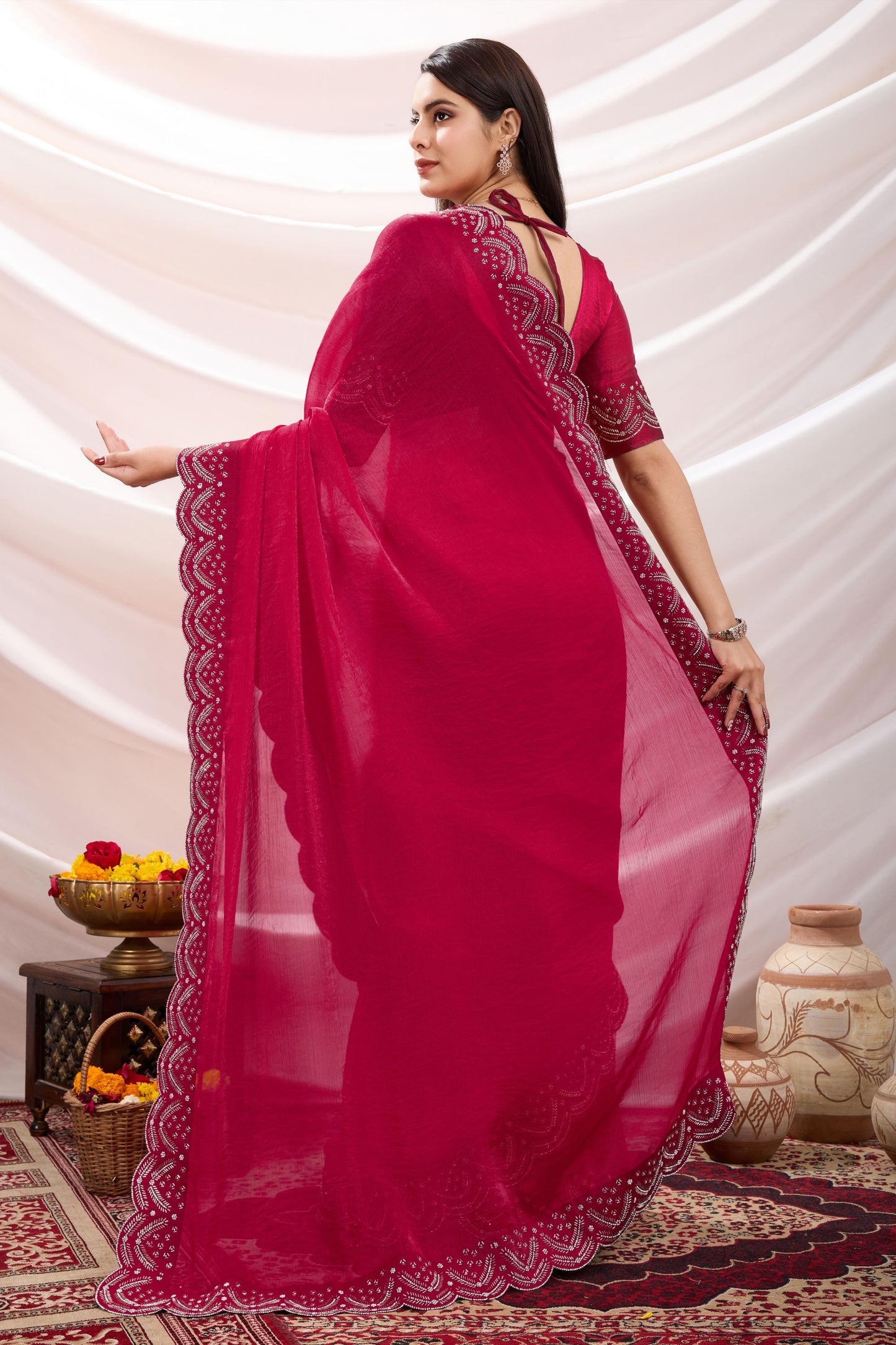 Designer Rani Pink Georgette Saree with Embroidered Border Blouse