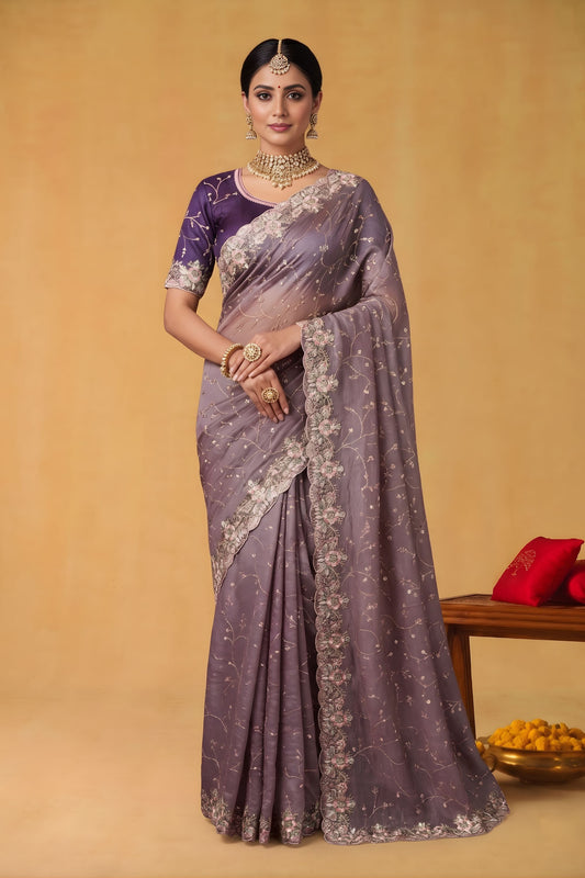 Lavender Organza Silk Saree Floral Embroidered Border Designer Blouse