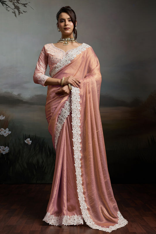 Peach Silk Saree with Designer White Lace Border Party Wear