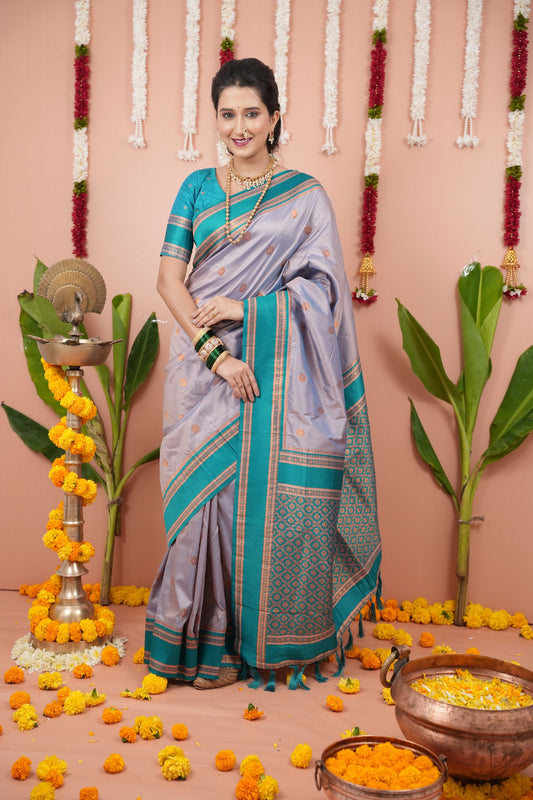 Lavender Silk Saree with Teal Woven Border Traditional Design