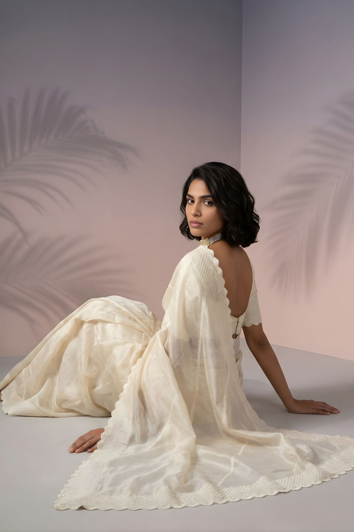 Off-White Silk Saree with Embroidered Border Designer Blouse