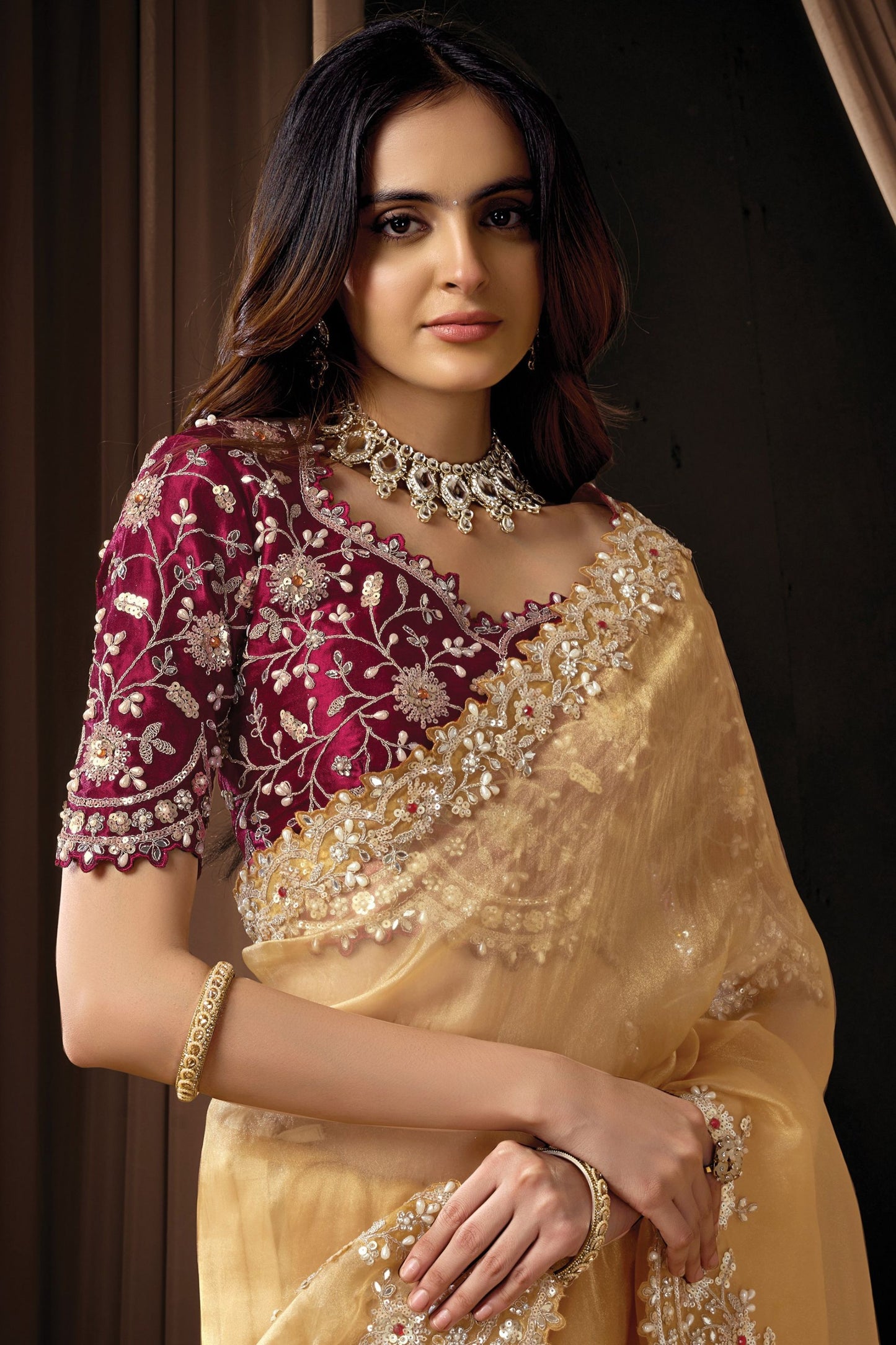 Golden Designer Saree with Heavy Embroidered Border Maroon Blouse