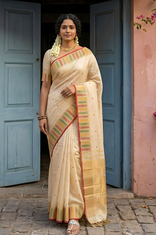Cream Silk Saree with Multicolor Zari Border Buti Design