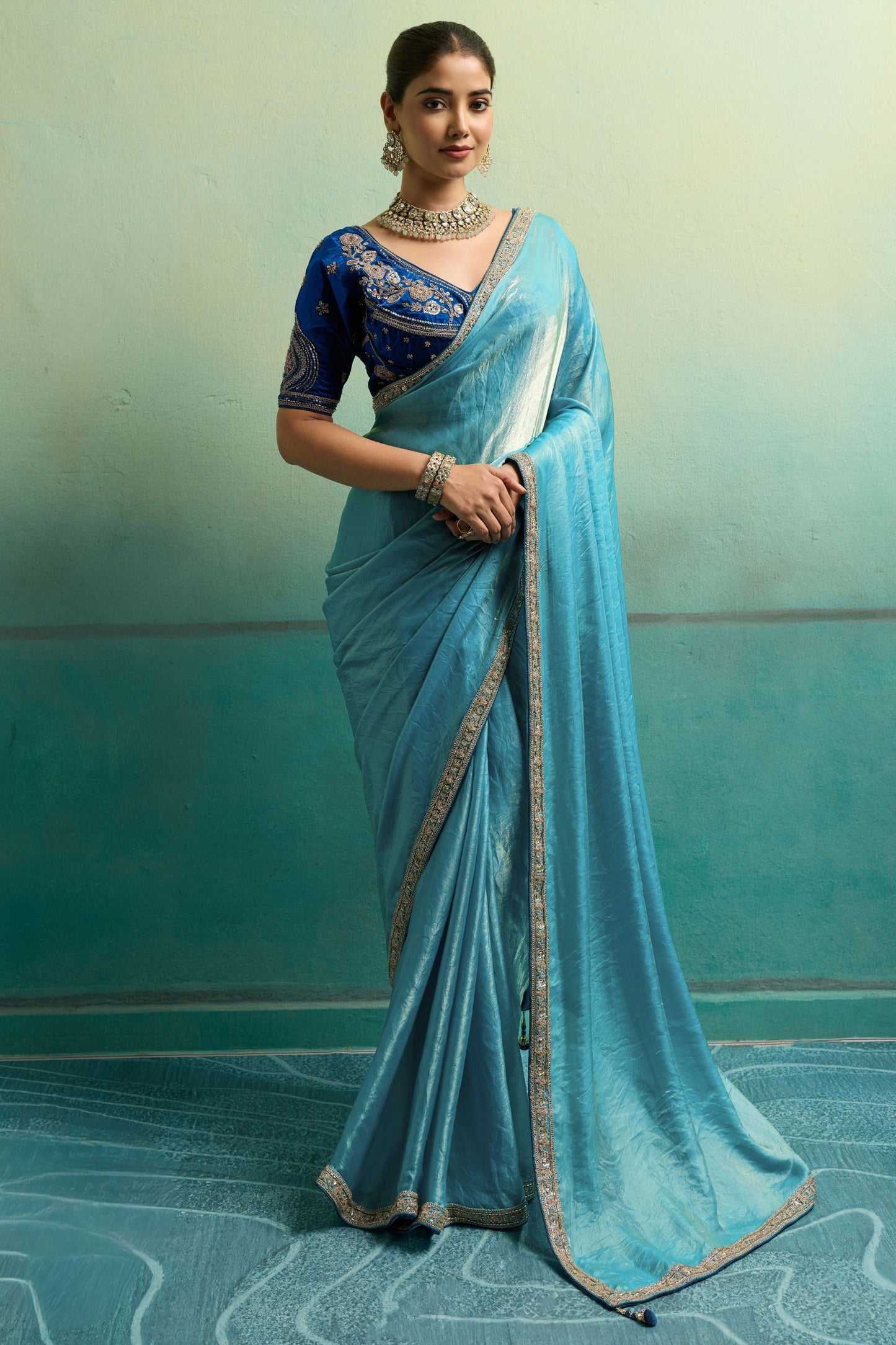 Stunning Sky Blue Velvet Satin Beads Piping Tassel Saree