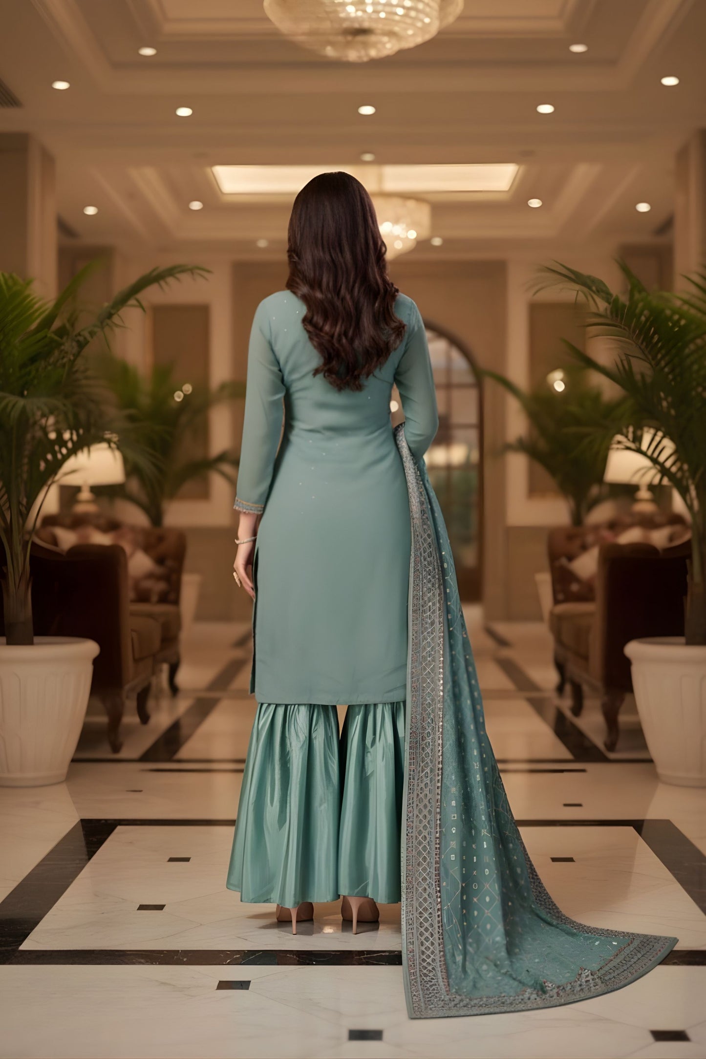 Dusty Green Teal Kurta Sharara Set Embroidered Neckline Designer Dupatta