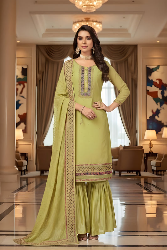Stylish Lime Green Embroidered Readymade Palazzo Suit with Designer Dupatta for Women