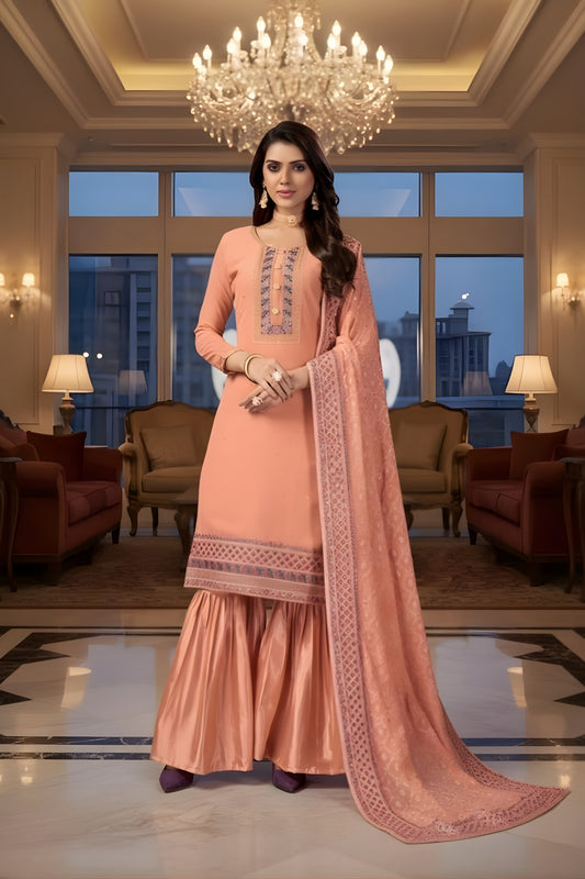 Latest Peach Embroidered Readymade Palazzo Suit with Designer Dupatta for Women