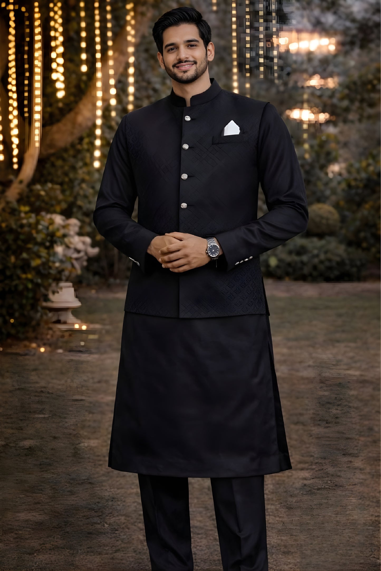 Elegant Black Textured Jacquard Nehru Jacket Wedding Kurta Set for Men