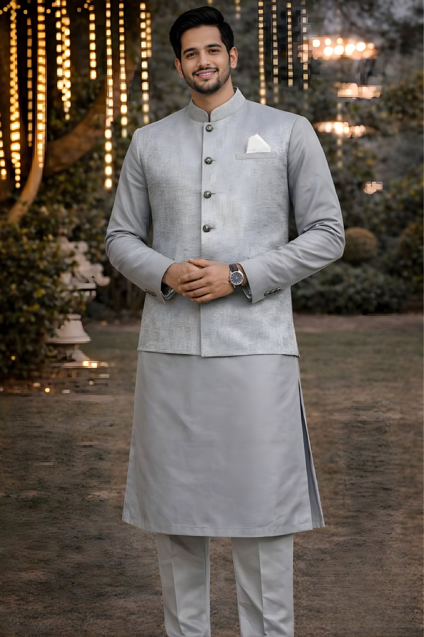 Stylish Light Grey Jacquard Kurta Pyjama with Nehru Jacket for Men