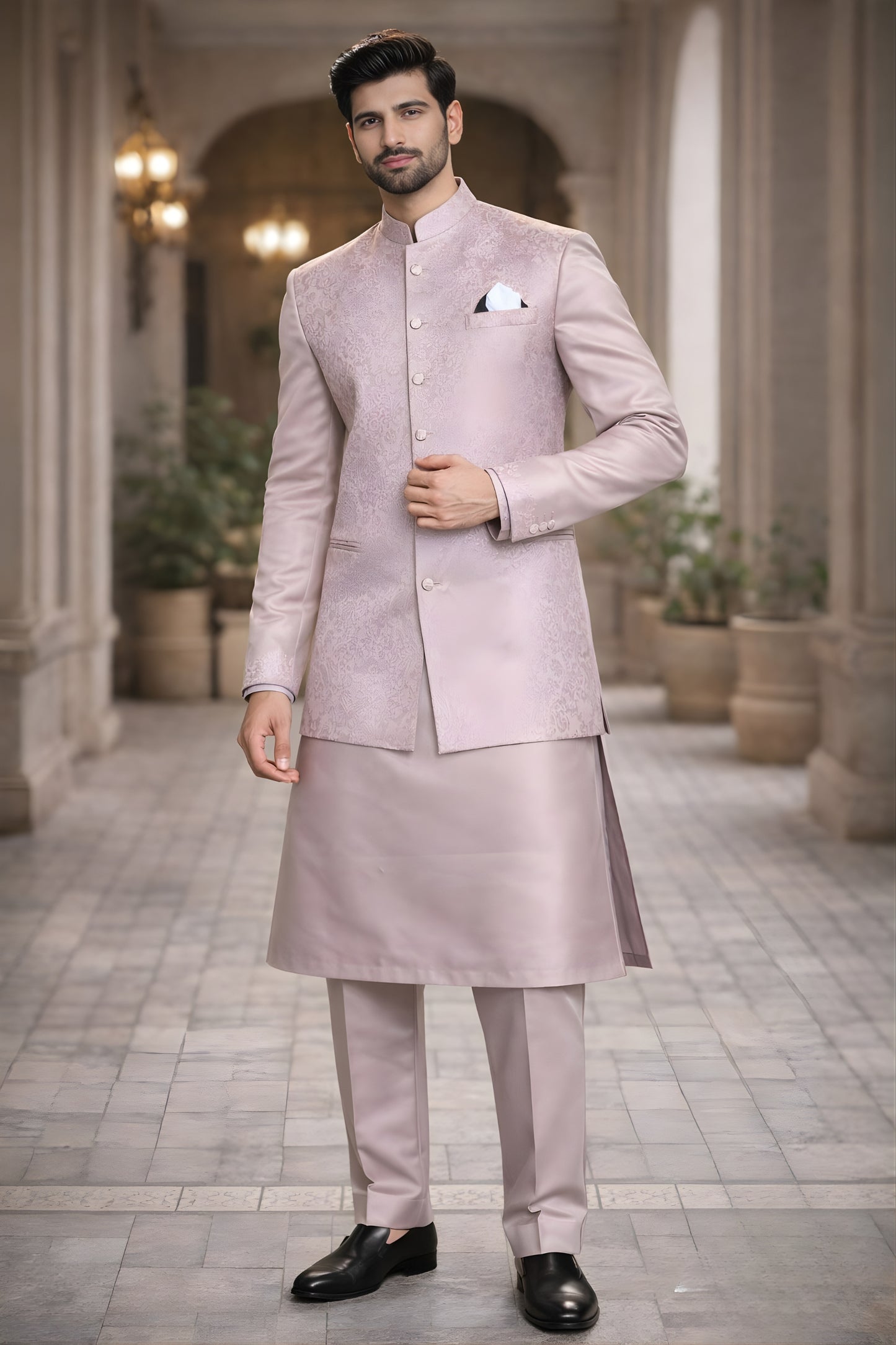 Fancy Pink Jacquard Wedding Kurta Pyjama with Nehru Jacket for Men
