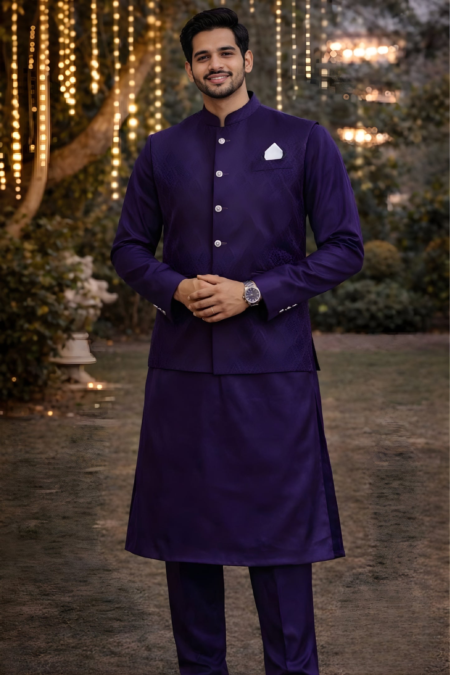 Royal Purple Jacquard Wedding Kurta Pyjama with Nehru Jacket for Men