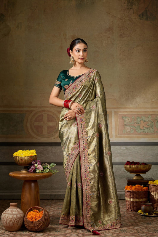 Grateful Olive Green Banarasi Silk Saree Embroidery Zari Threads Work for Women