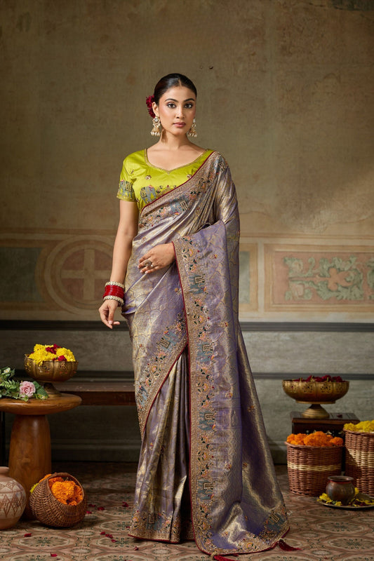 Stylish Lavender Banarasi Silk Saree Embroidery Zari Threads Work for Women
