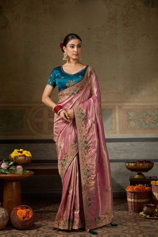 Beautiful Pink Banarasi Silk Saree Embroidery Zari Threads Work for Women