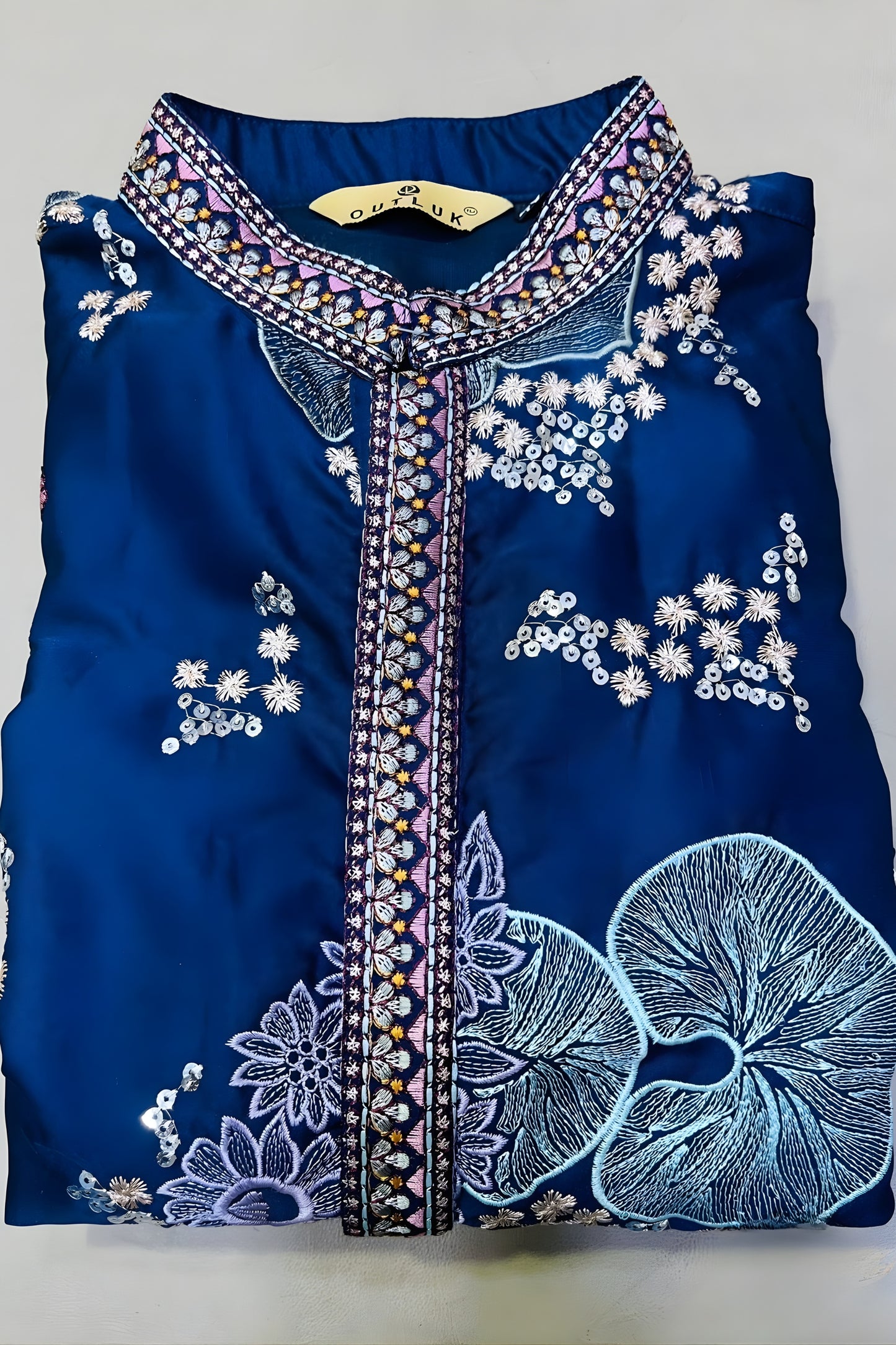Outstanding Navy Blue Satin Embroidered Party Wear Kurta Pajama for Men