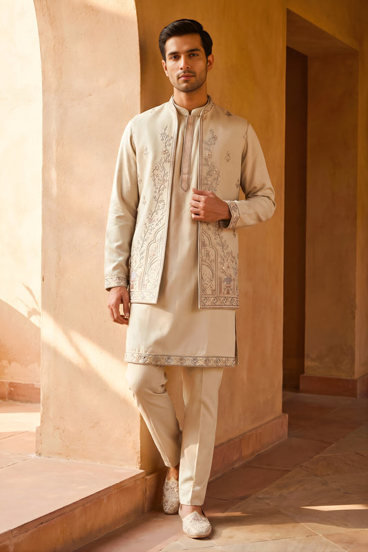Classy Beige Embroidered Designer Kurta Pyjama with Jacket for Men