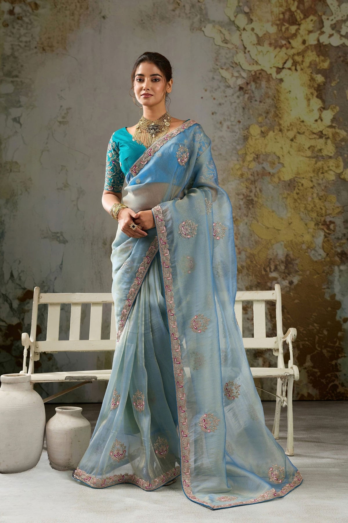 Royal Sky Blue Tissue Saree Thread Embroidery Butta Work for Women