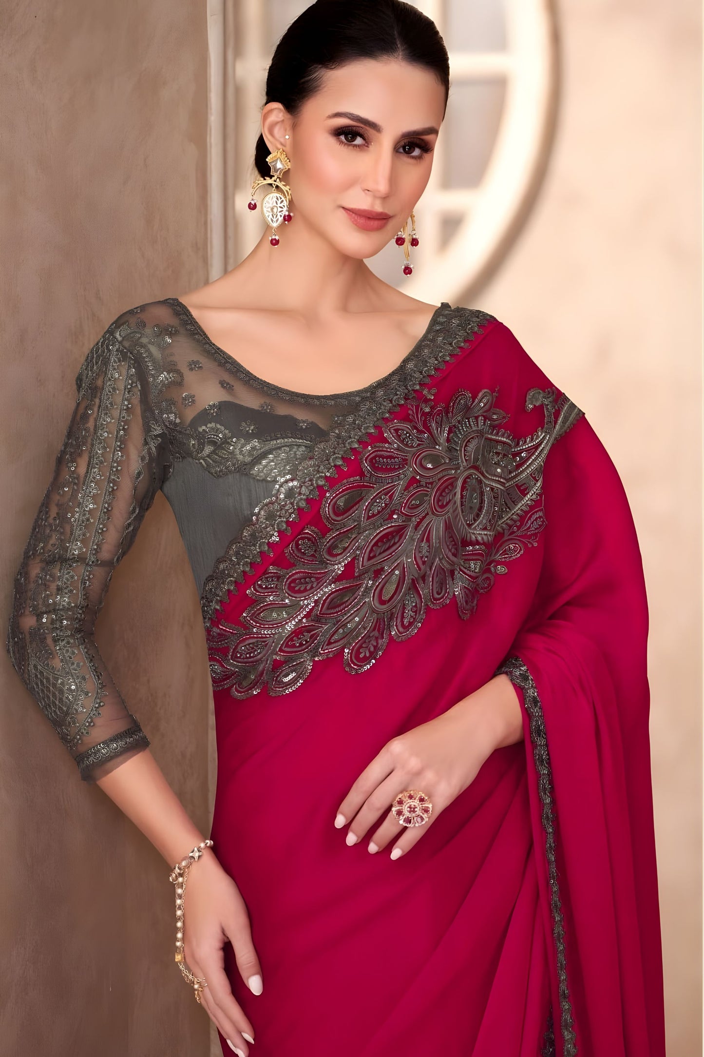 Rani Pink Designer Silk Saree Heavy Embroidered Blouse Lace Border