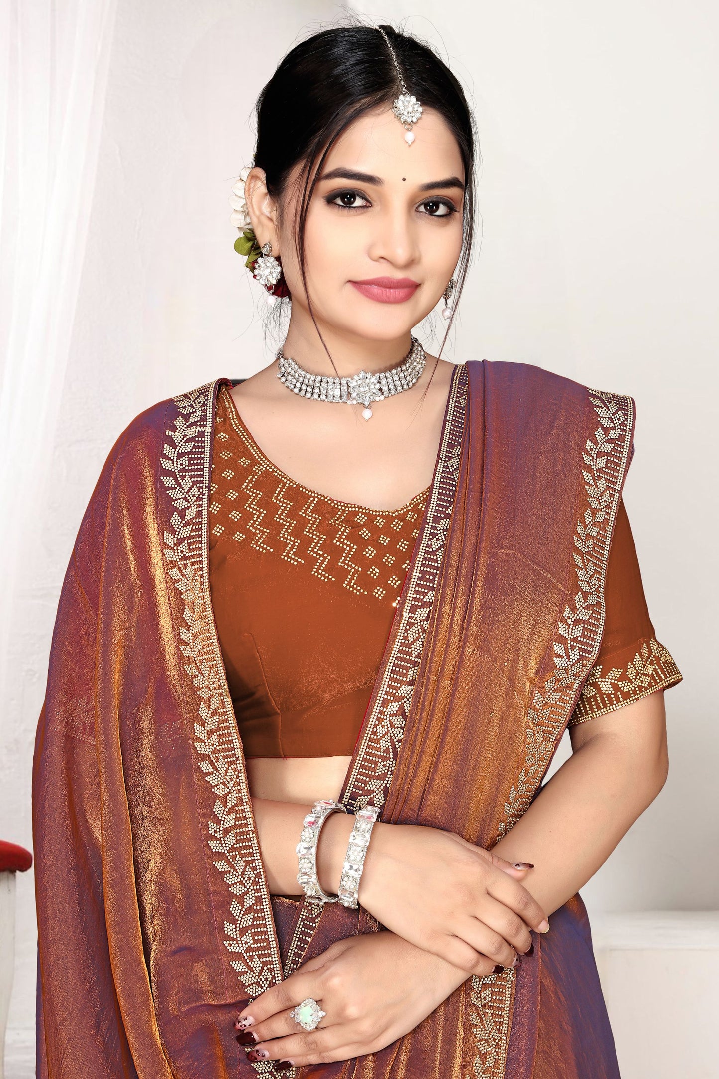Copper Brown Silk Saree with Rich Golden Zari Border Designer Saree