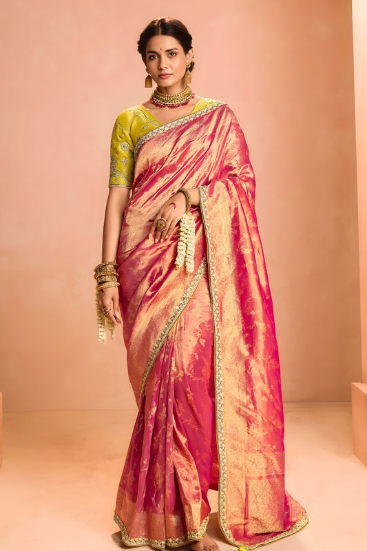 Pink Gold Soft Silk Saree with Zari Border Designer Blouse