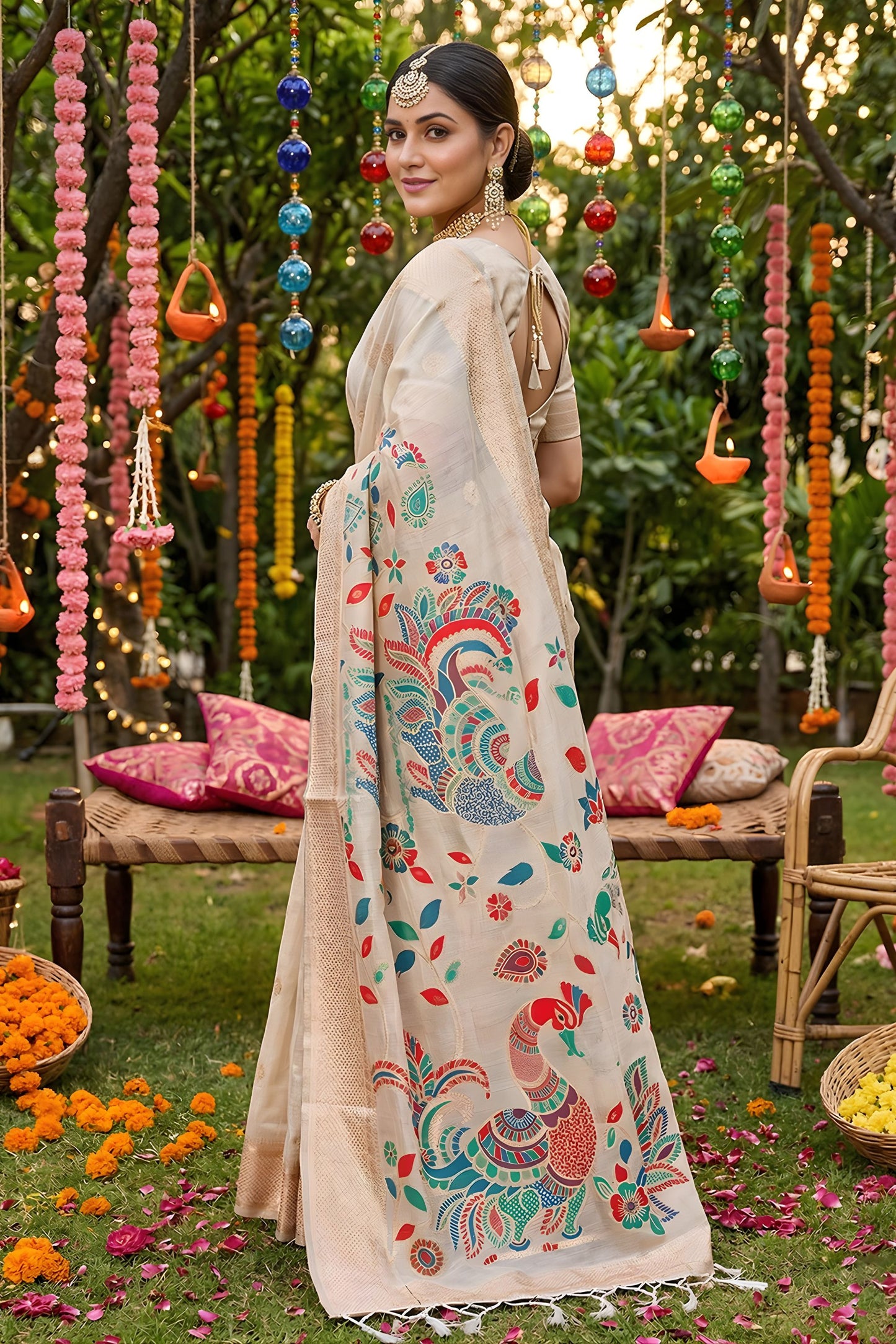 Beige Linen Silk Saree Multicolor Peacock Floral Print Zari Border