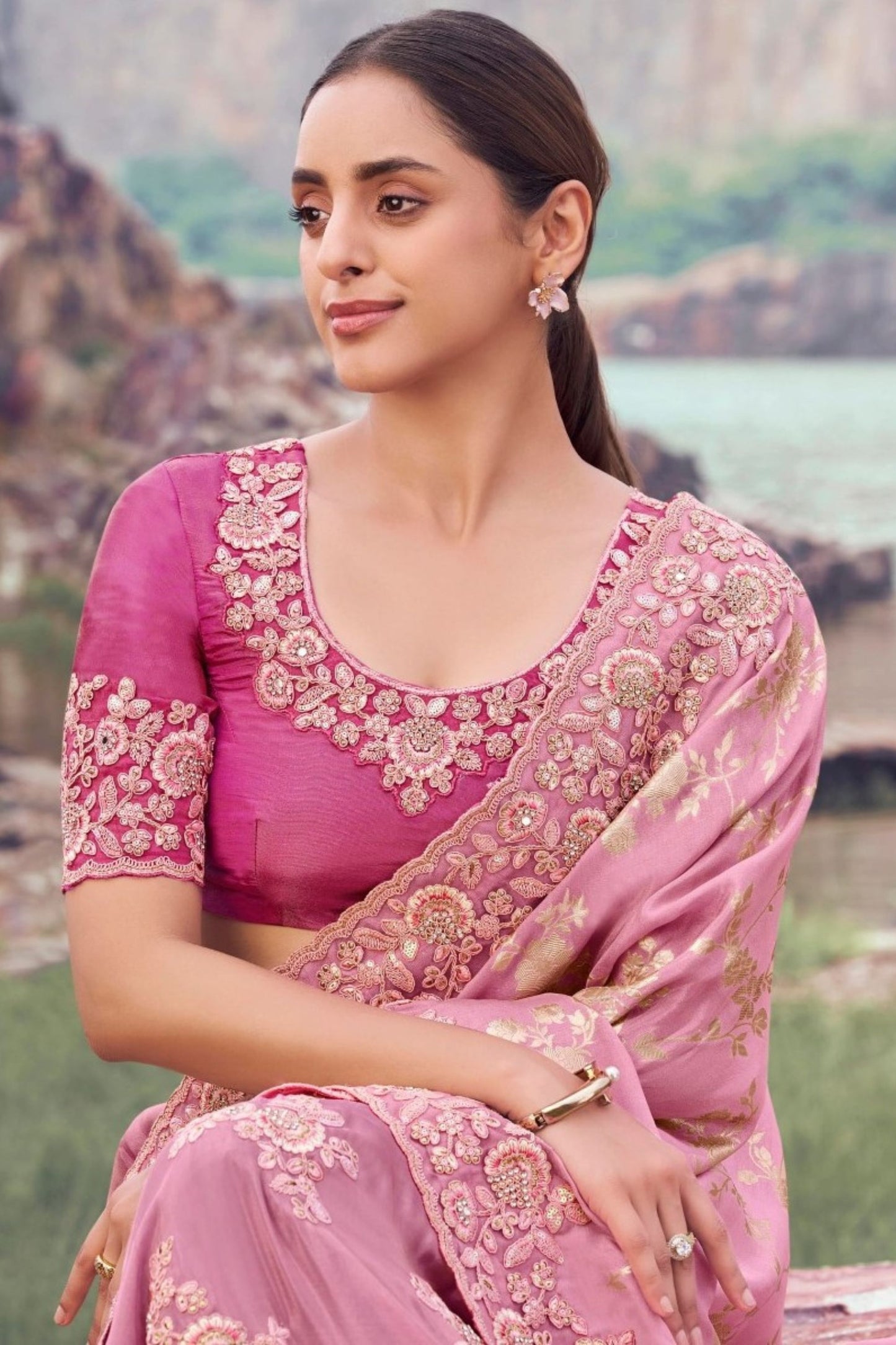 Pink Embroidered Silk Saree with Heavy Border Designer Blouse
