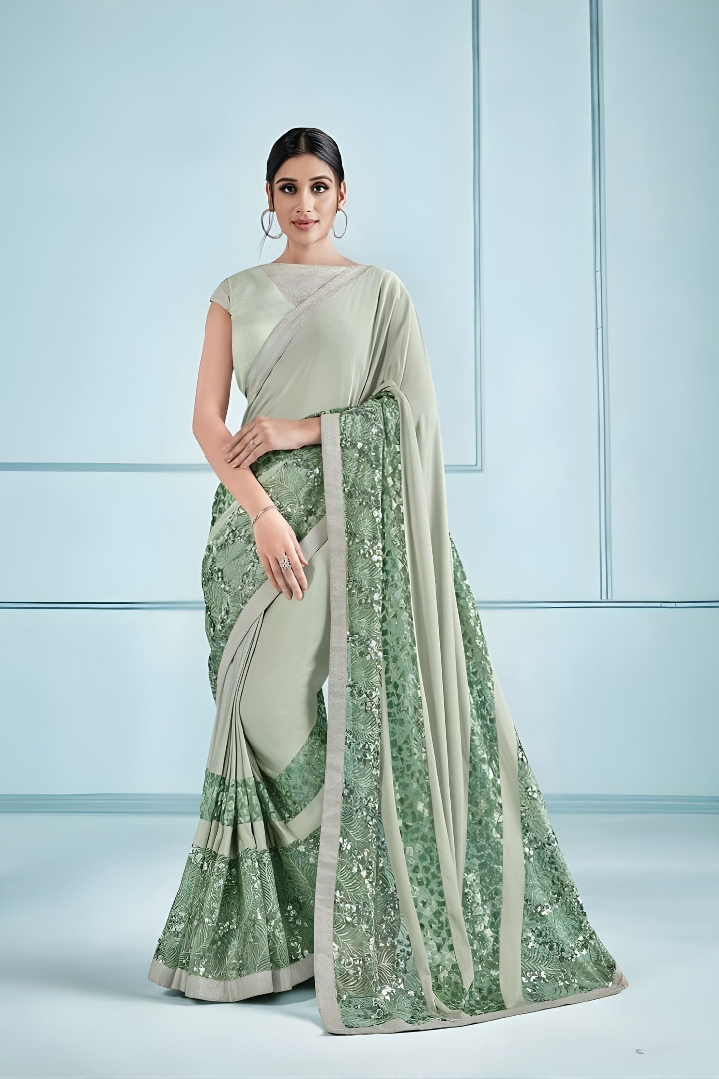 Sage Green Embroidered Georgette Saree with Designer Blouse