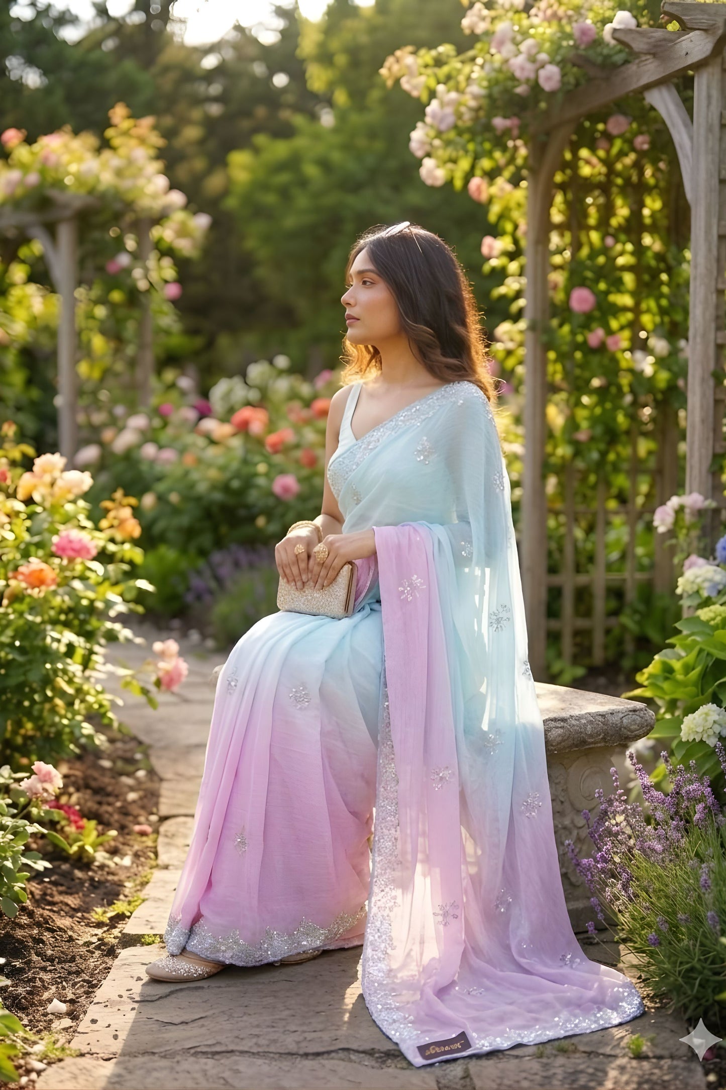 Sky Blue Pink Ombre Designer Saree with Sequin Embroidered Border