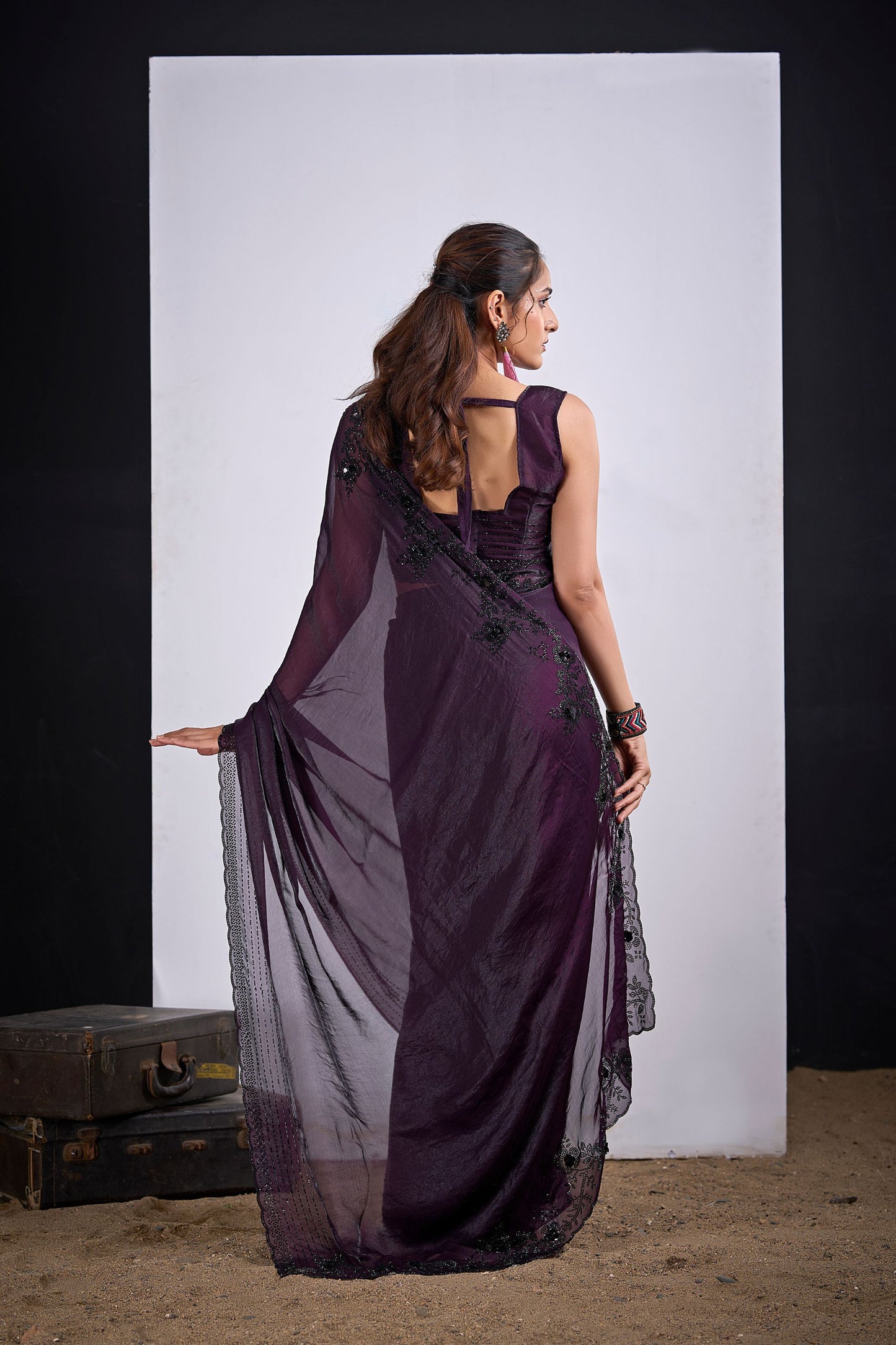 Wine Purple Organza Silk Saree Black Embroidered Blouse Designer Saree