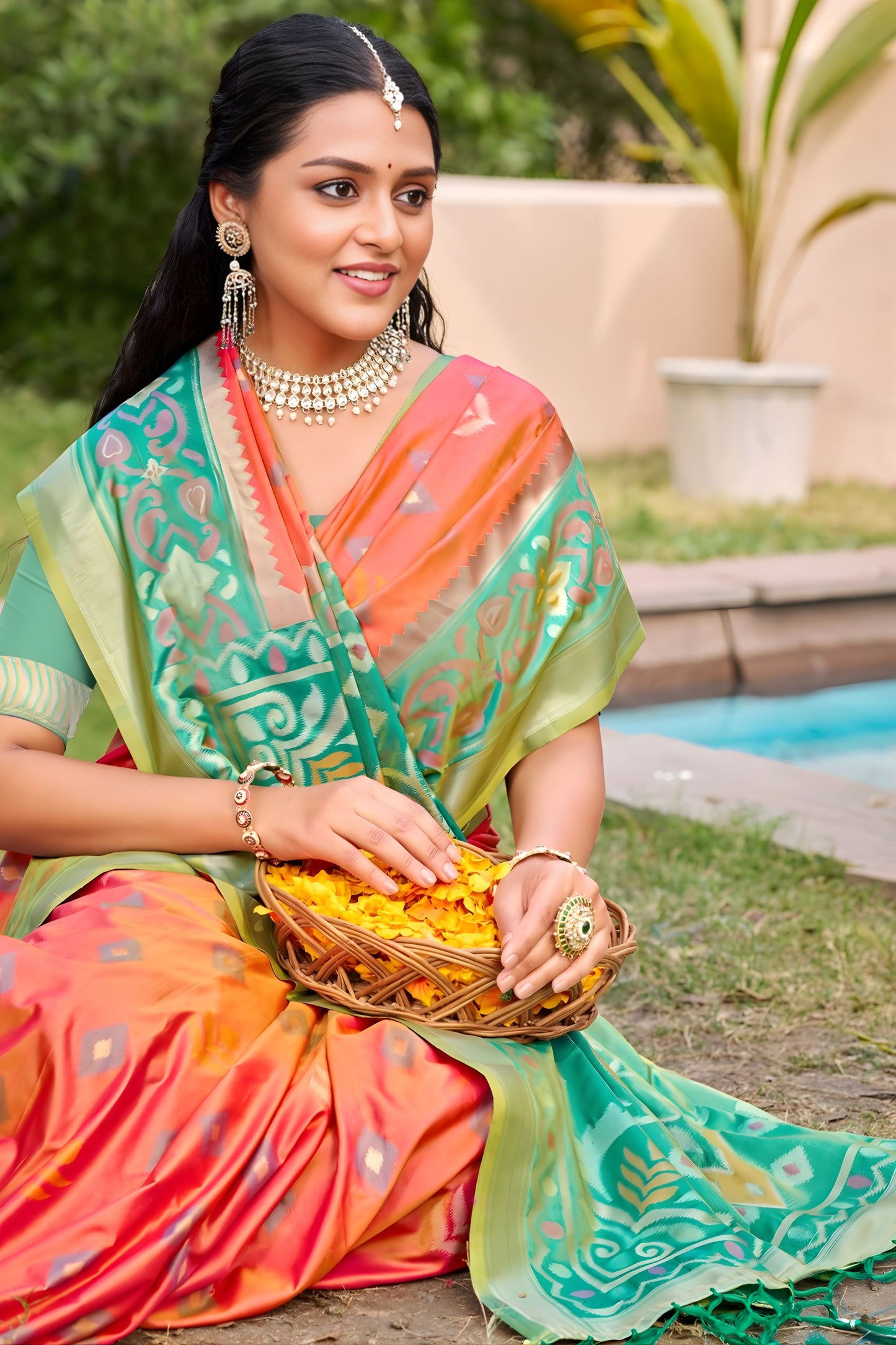 Multicolor Silk Blend Saree with Green Woven Pallu Traditional Motifs