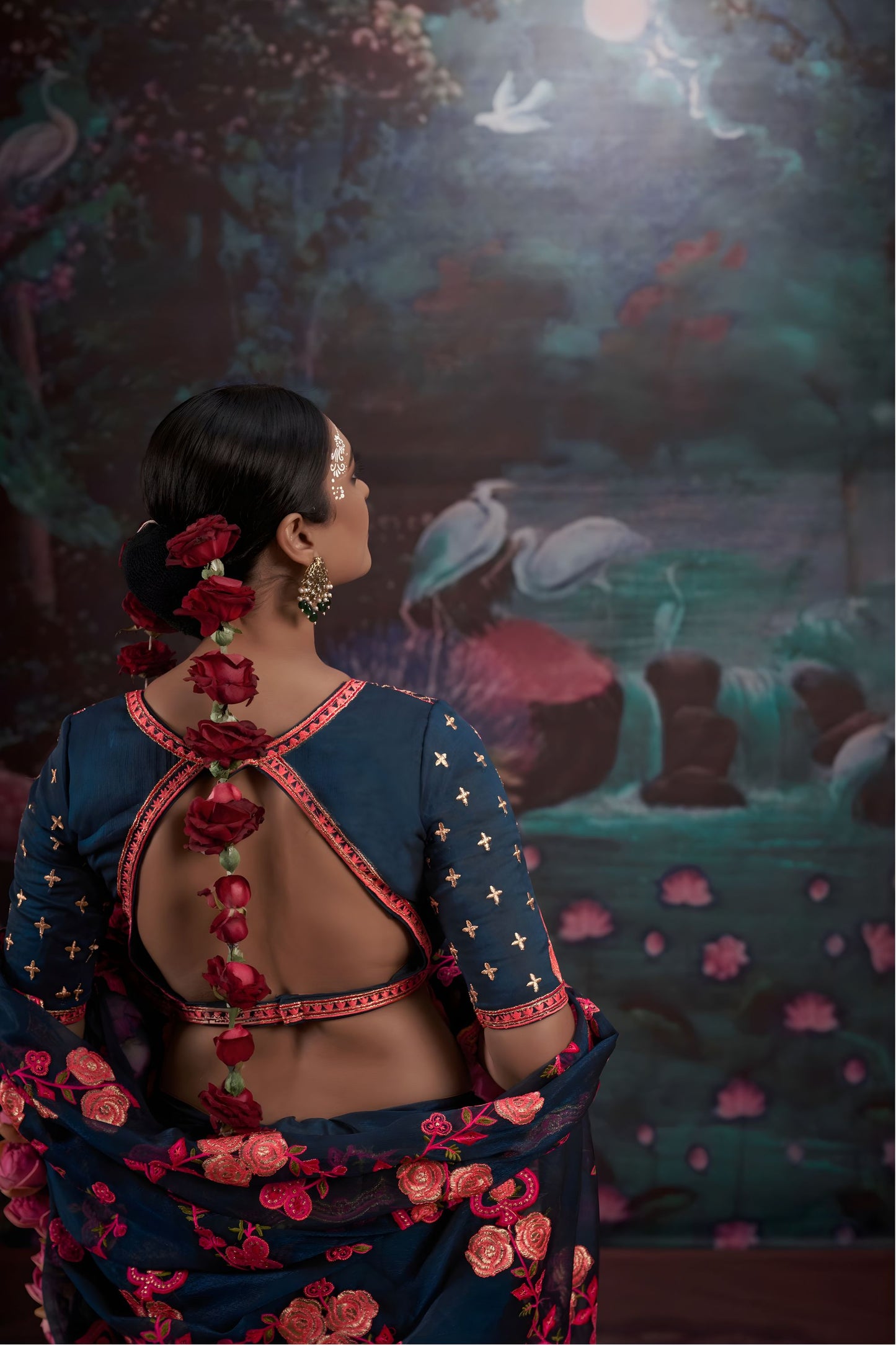 Designer Navy Blue Floral Embroidered Saree with Stylish Blouse