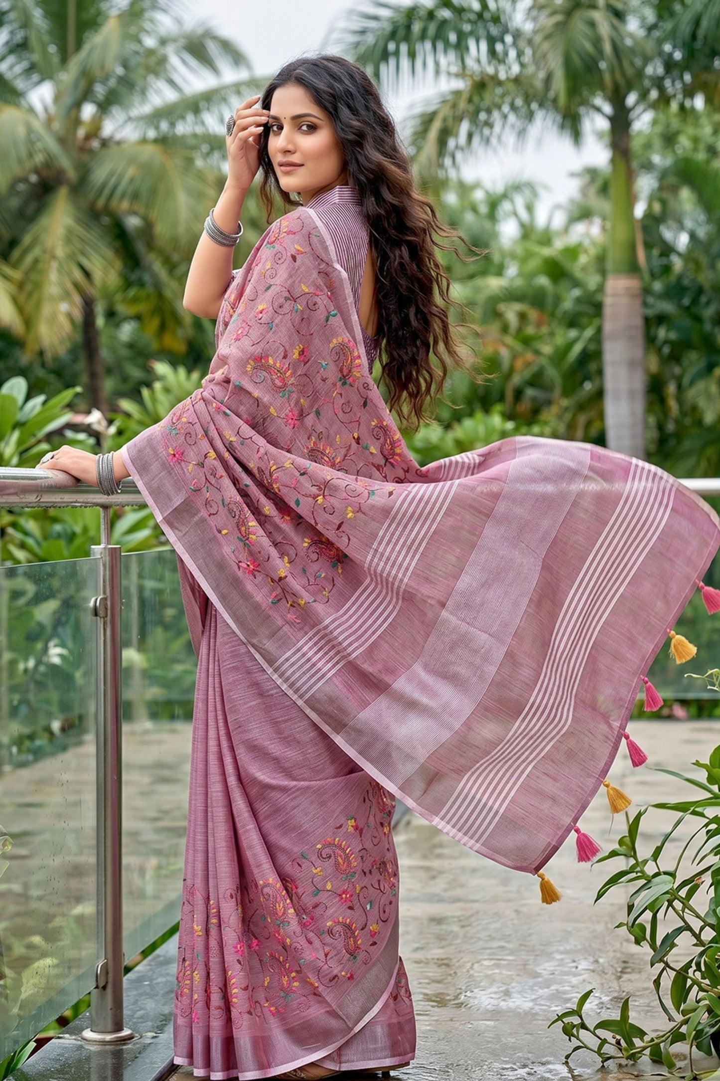 Mauve Pink Linen Cotton Saree Floral Embroidery Designer Tassel Pallu