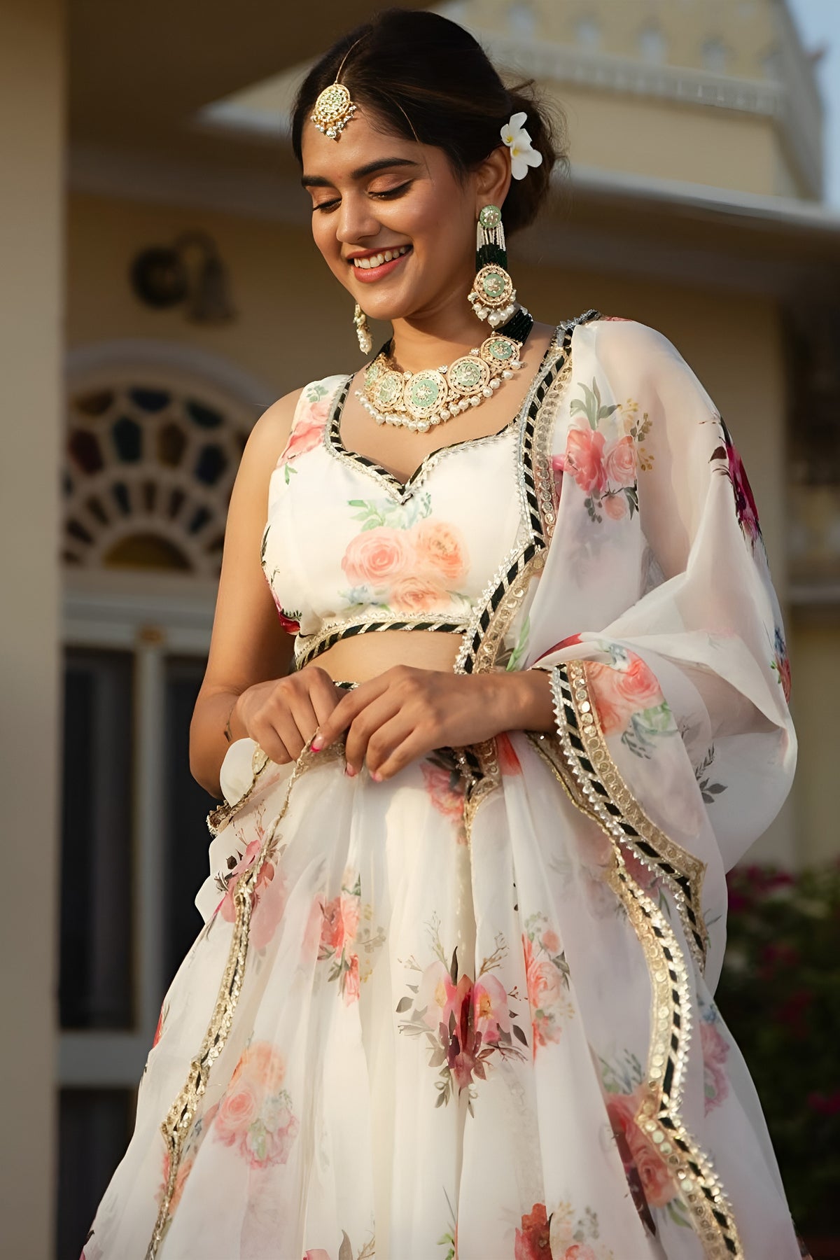 Exquisite White Floral Printed Organza Silk Designer Lehenga Choli with Dupatta