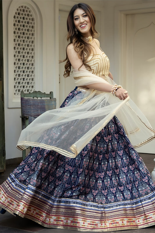 Vibrant Navy Blue Art Silk Digital Printed Designer Lehenga Choli with Cream Dupatta